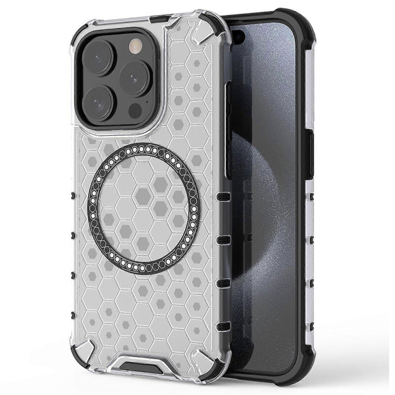 Husa transparenta iPhone 15 Pro Max Techsuit HoneyComb Shield MagSafe, alb