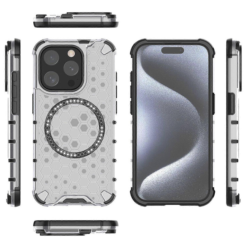Husa transparenta iPhone 15 Pro Max Techsuit HoneyComb Shield MagSafe, alb