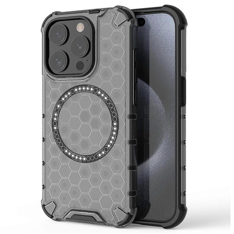 Husa transparenta iPhone 15 Pro Max Techsuit HoneyComb Shield MagSafe, negru