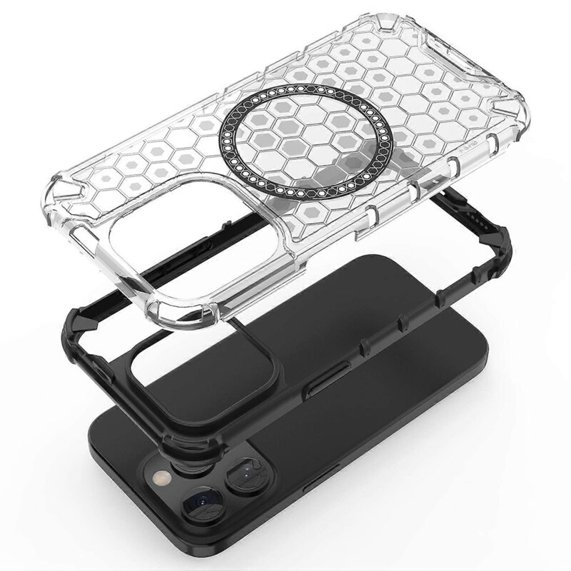 Husa transparenta iPhone 15 Pro Max Techsuit HoneyComb Shield MagSafe, negru
