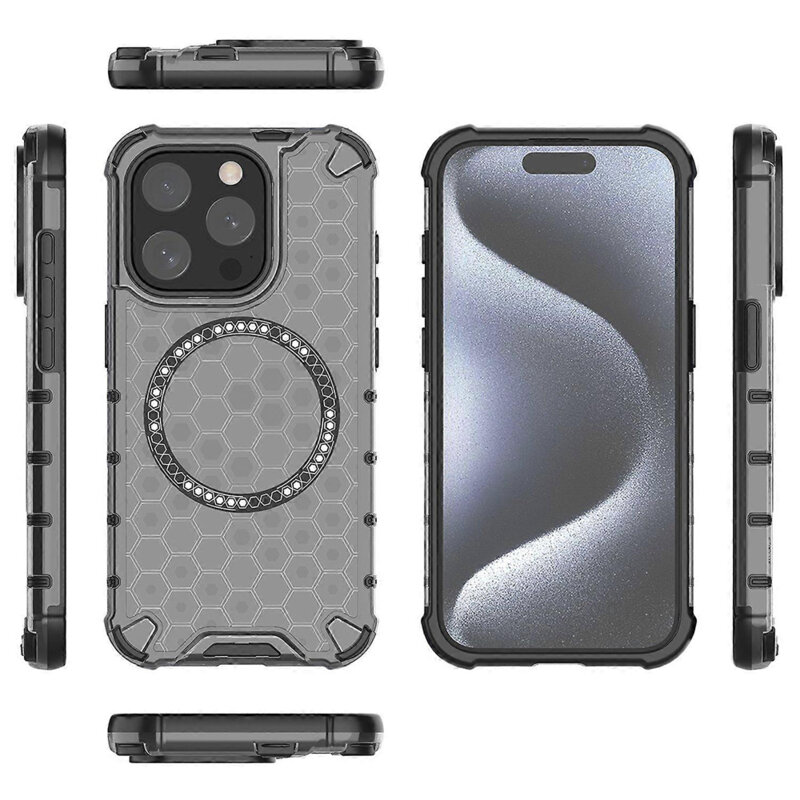 Husa transparenta iPhone 15 Pro Max Techsuit HoneyComb Shield MagSafe, negru