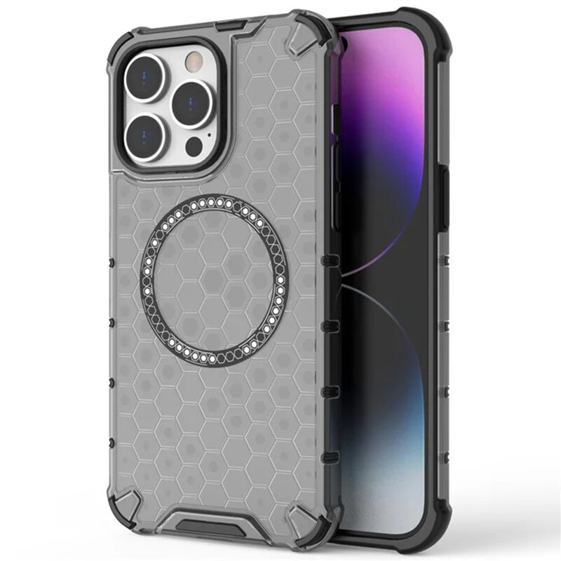 Husa transparenta iPhone 14 Pro Techsuit HoneyComb Shield MagSafe, alb