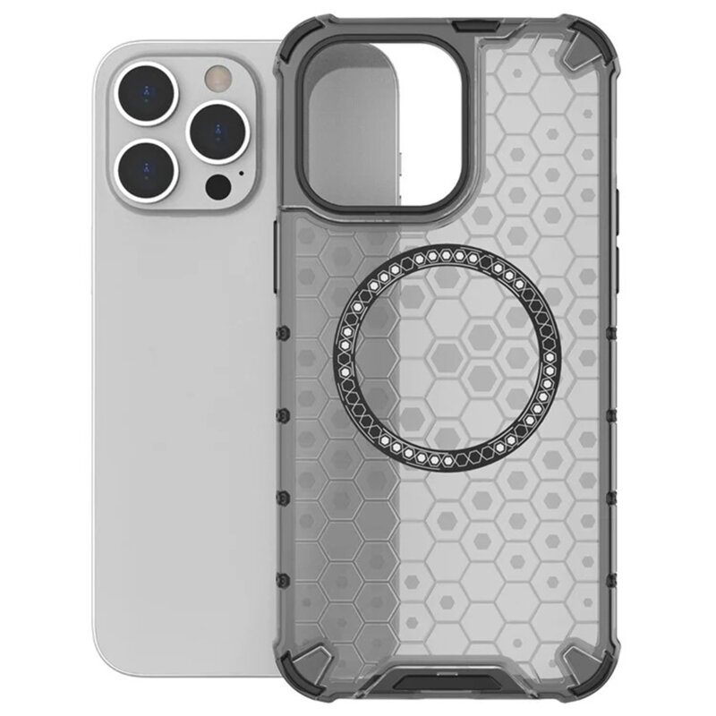 Husa transparenta iPhone 14 Pro Techsuit HoneyComb Shield MagSafe, alb