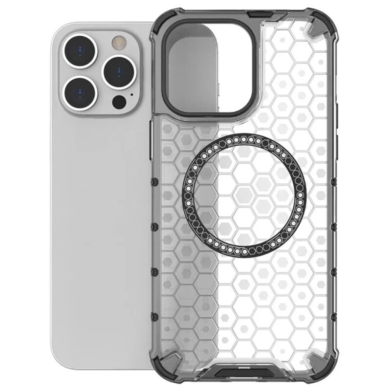 Husa transparenta iPhone 14 Pro Techsuit HoneyComb Shield MagSafe, negru