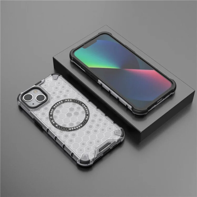 Husa transparenta iPhone 13 Techsuit HoneyComb Shield MagSafe, alb