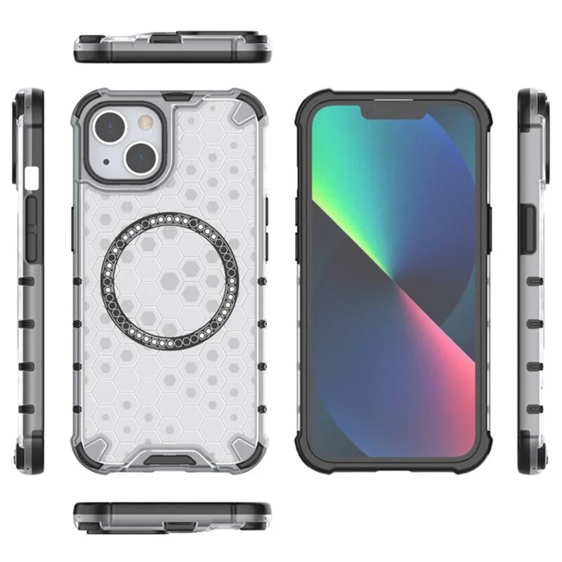 Husa transparenta iPhone 14 Techsuit HoneyComb Shield MagSafe, alb