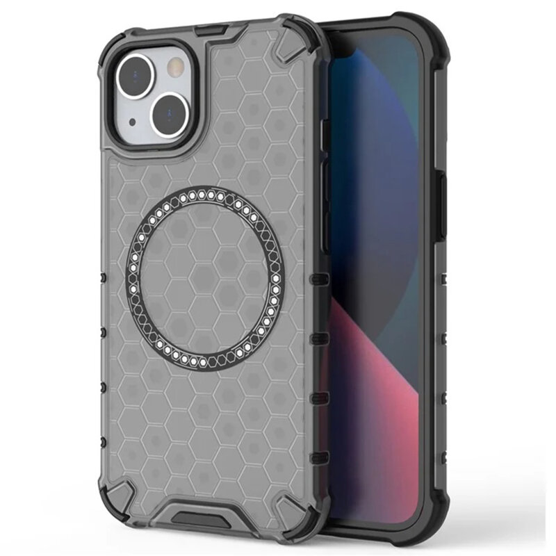 Husa transparenta iPhone 14 Techsuit HoneyComb Shield MagSafe, negru