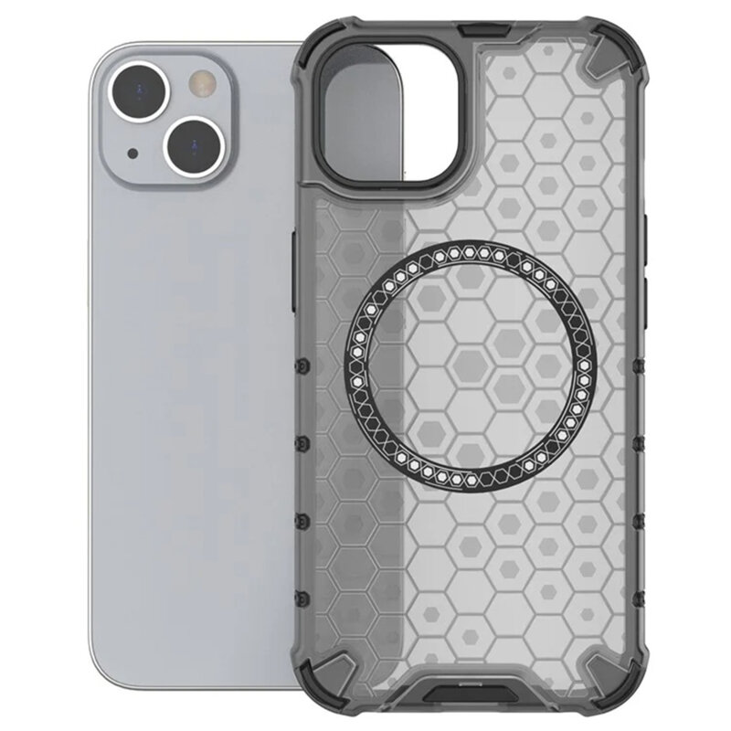 Husa transparenta iPhone 14 Techsuit HoneyComb Shield MagSafe, negru