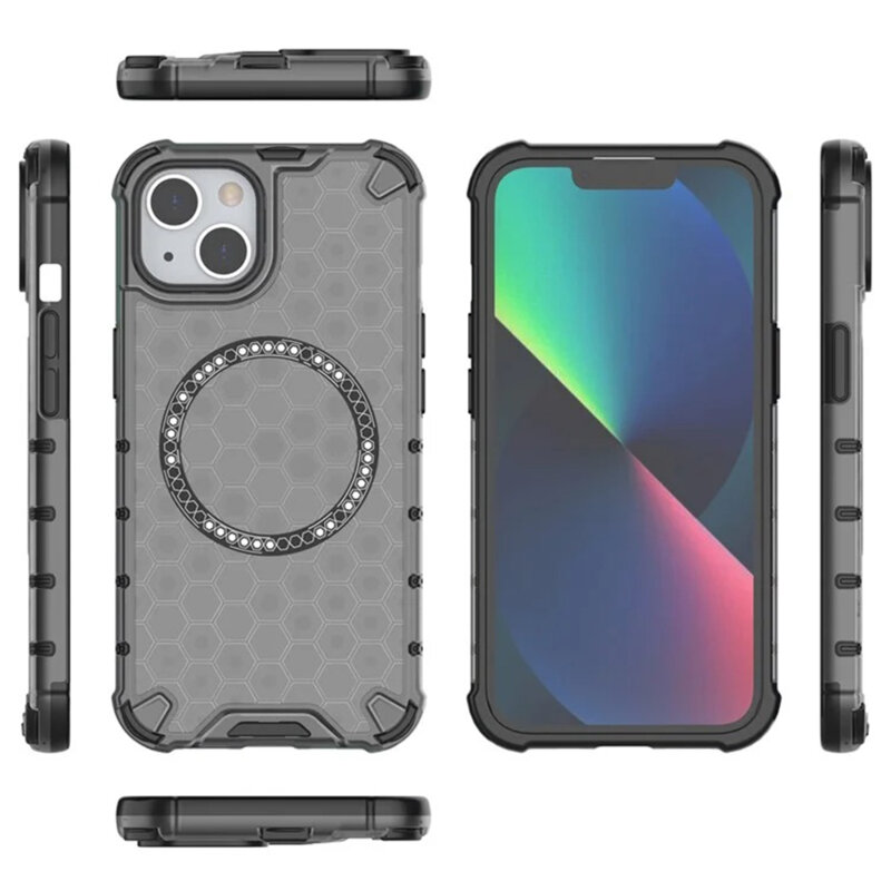 Husa transparenta iPhone 14 Techsuit HoneyComb Shield MagSafe, negru