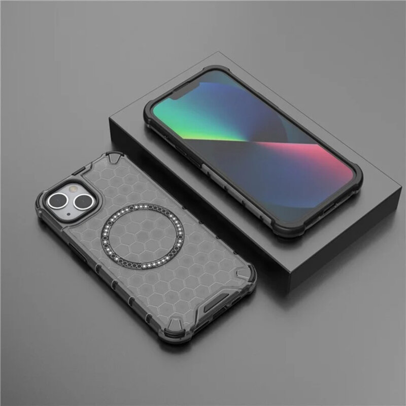 Husa transparenta iPhone 14 Techsuit HoneyComb Shield MagSafe, negru