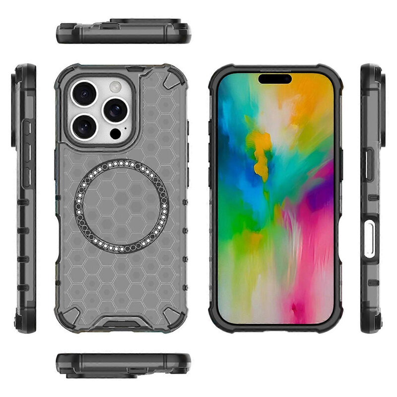 Husa transparenta iPhone 16 Pro Techsuit HoneyComb Shield MagSafe, negru