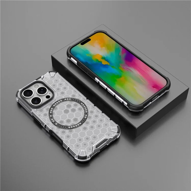Husa transparenta iPhone 16 Pro Techsuit HoneyComb Shield MagSafe, alb