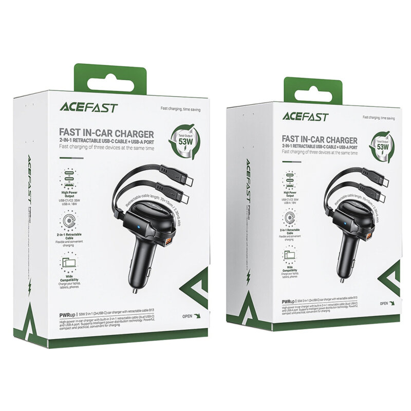 Incarcator auto USB, Type-C, 53W, cablu retractabil Acefast B13