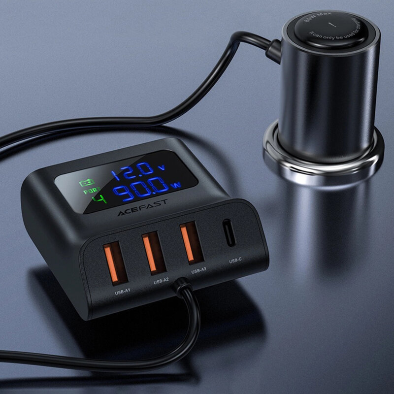 Incarcator auto + splitter USB, Type-C, 90W, 90cm Acefast B8