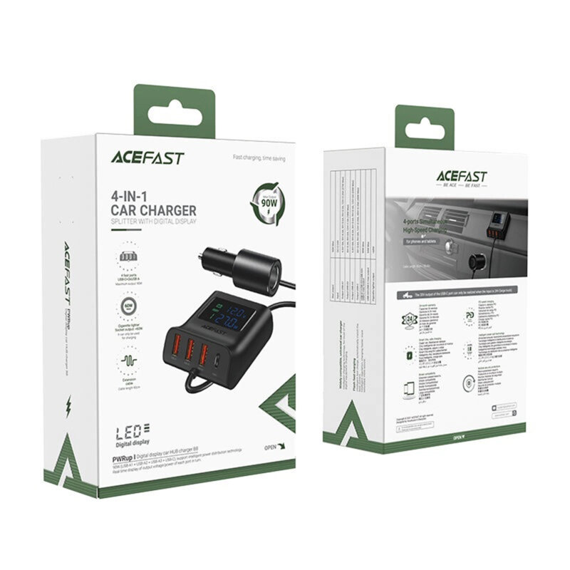 Incarcator auto + splitter USB, Type-C, 90W, 90cm Acefast B8