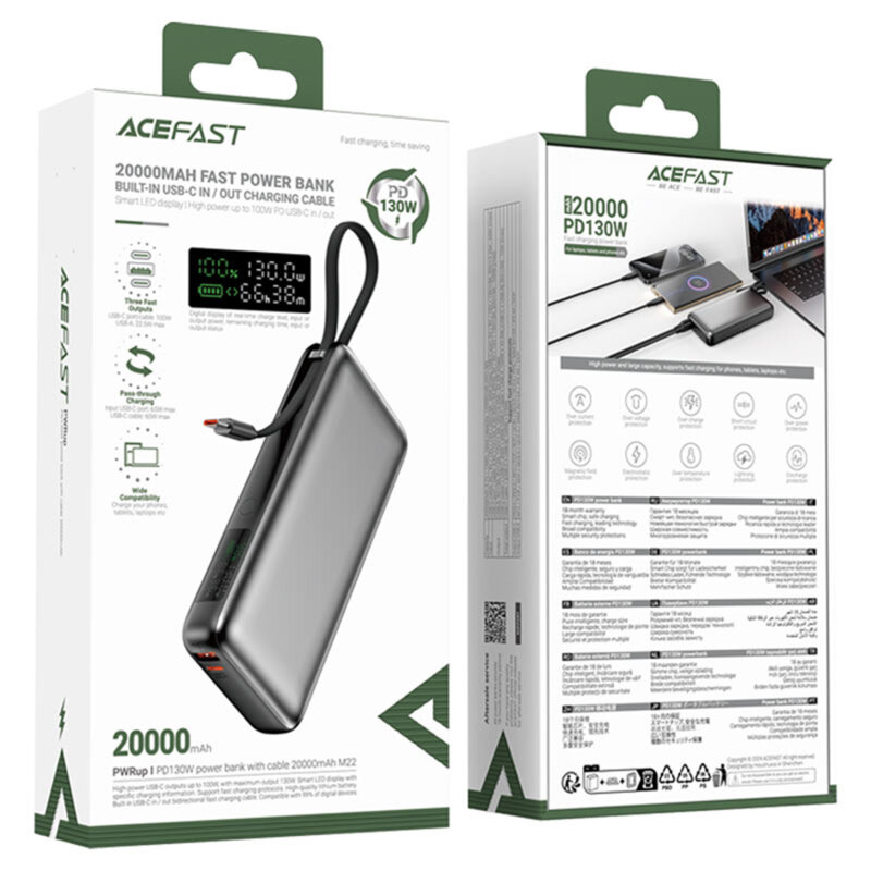 Power bank 20000mAh, cablu Type-C, PD130W Acefast M22-20000