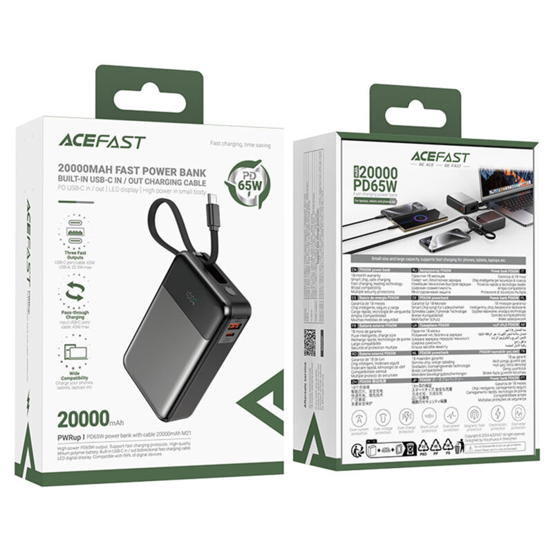 Power bank 20000mAh, cablu Type-C, PD65W Acefast M21-20000