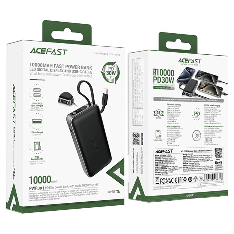 Power bank cu cablu tip C, display, 10000mAh, 30W Acefast M7-10000