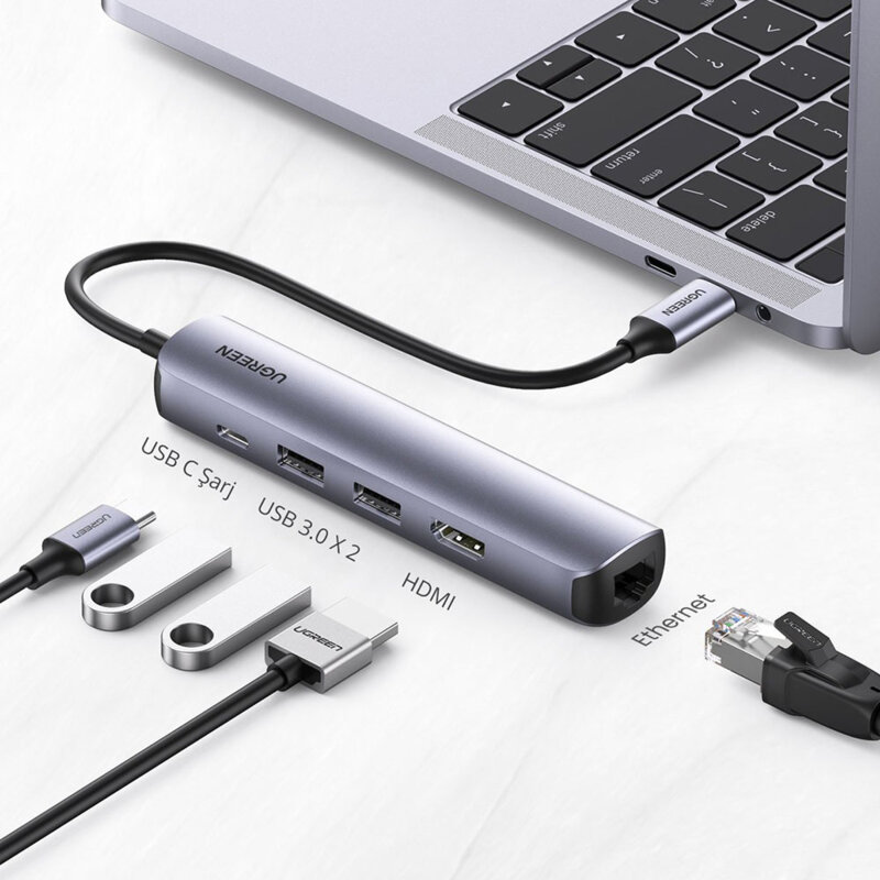 Hub Type-C la 2x USB, Type-C, HDMI, RJ45 Gigabit Ugreen, 10919
