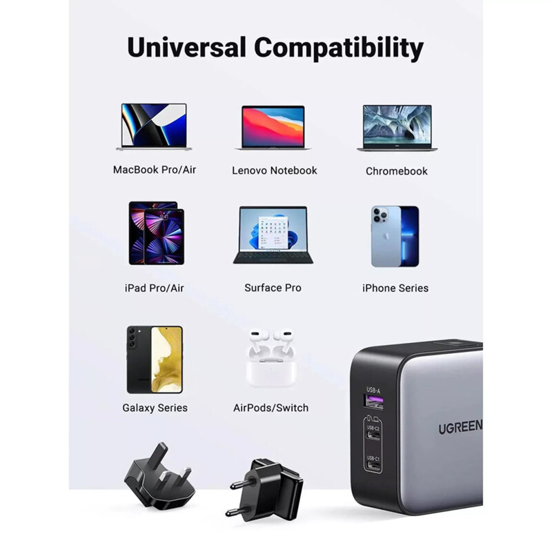 Incarcator GaN USB, 2x Type-C Ugreen, 90409, 65W, 3A, negru