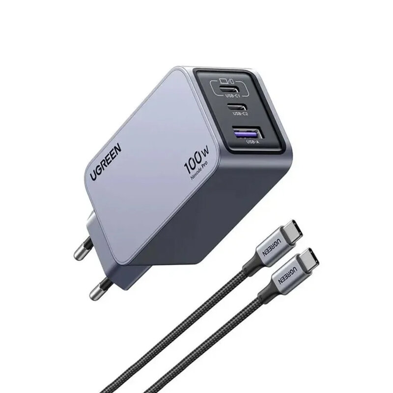 Incarcator priza GaN USB, Type-C cu cablu Ugreen, 100W, gri, 25874