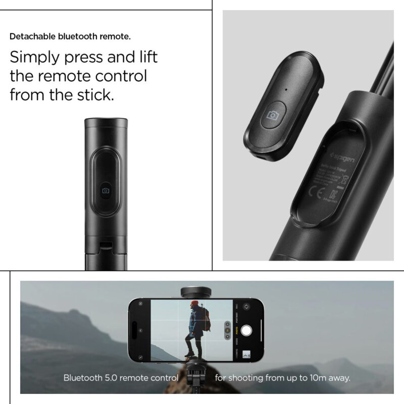 Selfie stick tripod Bluetooth, telecomanda Spigen S541W, negru