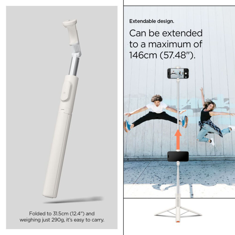 Selfie stick tripod Bluetooth cu telecomanda Spigen S541W, bej