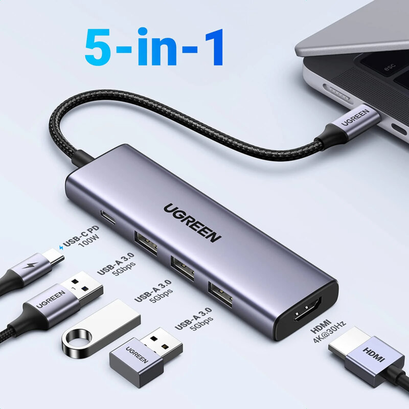 Hub 5in1 Type-C, USB3.0, HDMI Ugreen, 4K, 100W, 0.2m, 15596