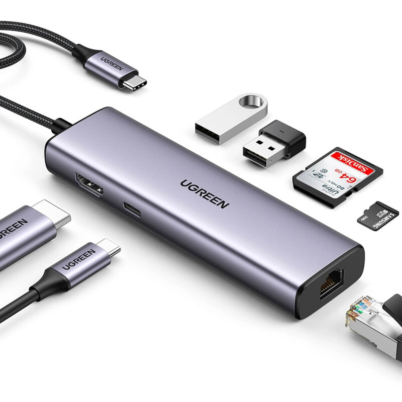 Hub Type-C la Type-C, 2x USB, HDMI, RJ45, SD/TF Card Ugreen, 90568