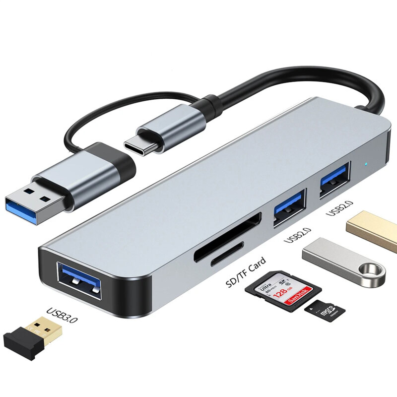 Hub USB, Type-C la 3x USB, SD/TF Card Techsuit H7, gri