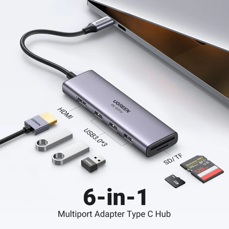 HUB 6in1 Type-C la 3x USB, HDMI 4K, SD/TF Ugreen, 0.2m, 60383