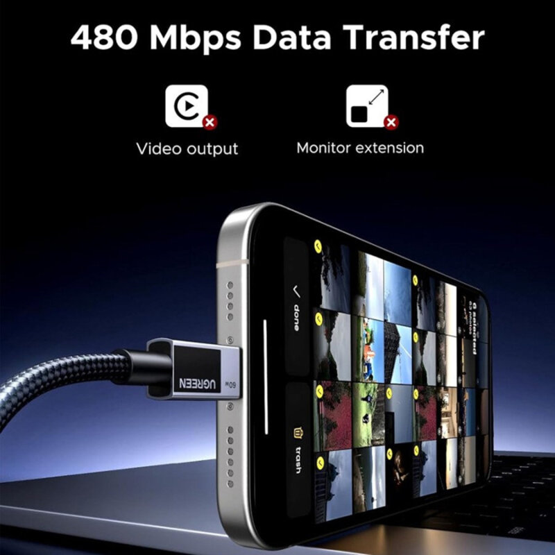 Cablu incarcare Type-C 60W, 3A, 1m Ugreen, gri, 55765