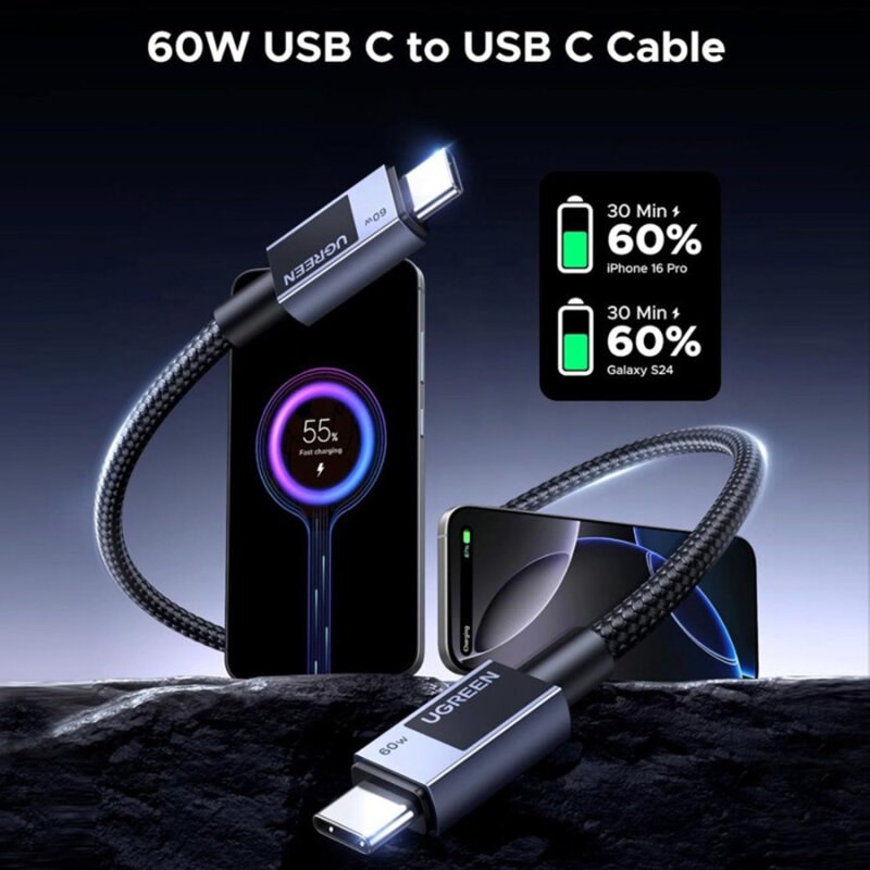 Cablu incarcare Type-C 60W, 3A, 1m Ugreen, gri, 55765