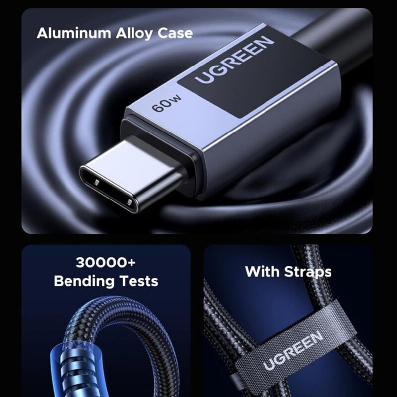 Cablu incarcare Type-C 60W, 3A, 1m Ugreen, gri, 55765