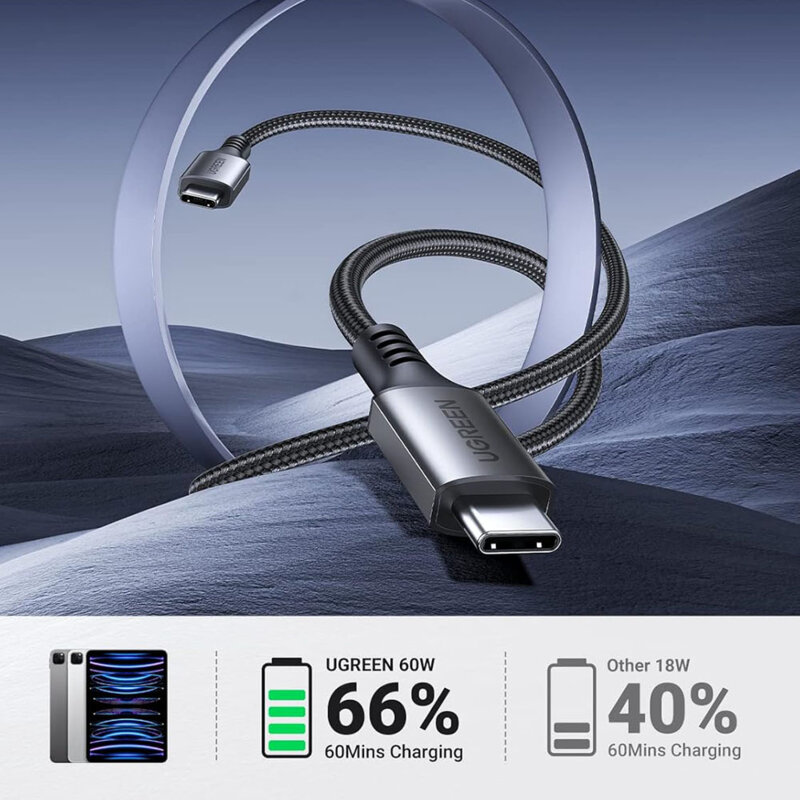 Cablu incarcare Type-C 60W, 3A, 1m Ugreen, gri, 15373