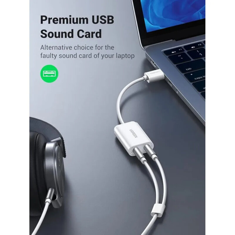 Adaptor audio USB la 2x Jack 3.5mm Ugreen, 15cm, alb, 30143