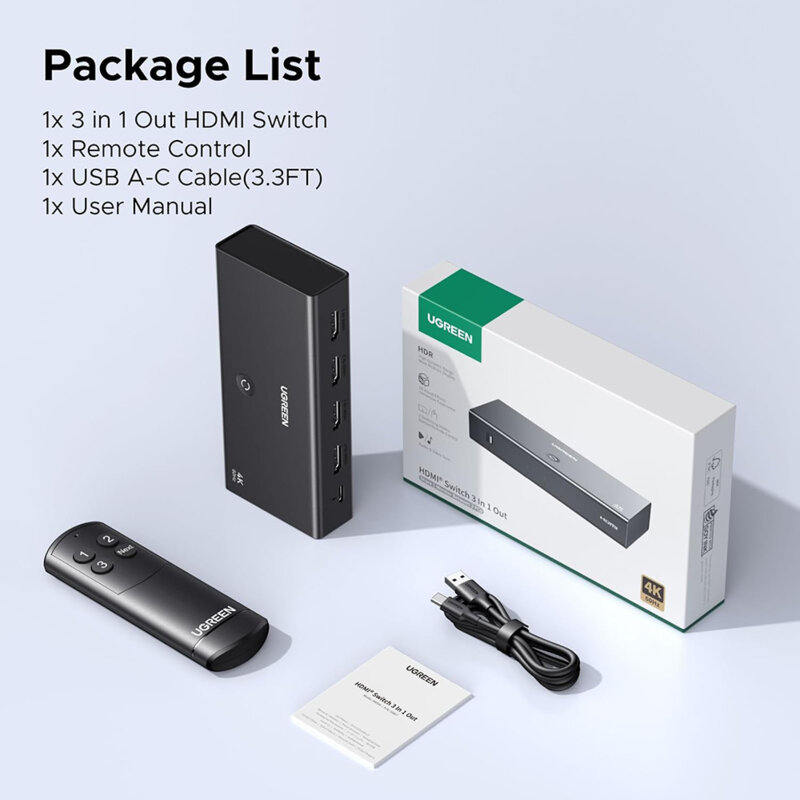 Switch HDMI, InfraRed cu telecomanda Ugreen, 4K@60Hz, 55857