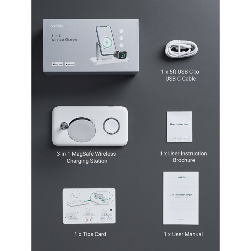 Statie incarcare wireless 3in1 25W, Ugreen, MFi certificata, alb, 90326
