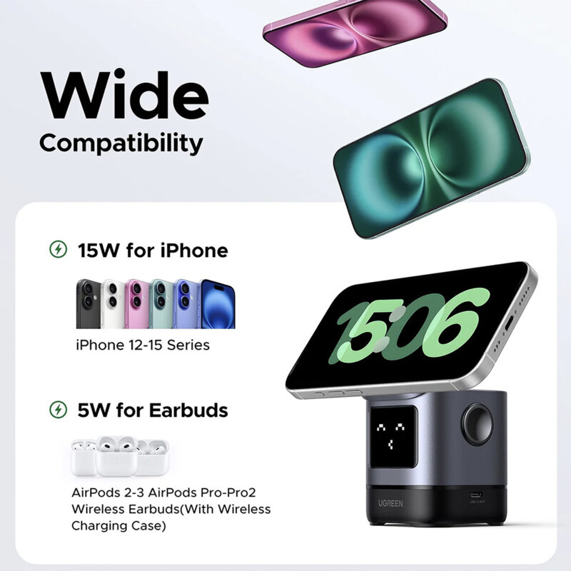 Incarcator wireless magnetic 2in1 cu emoji Ugreen, 25W, negru, 45775