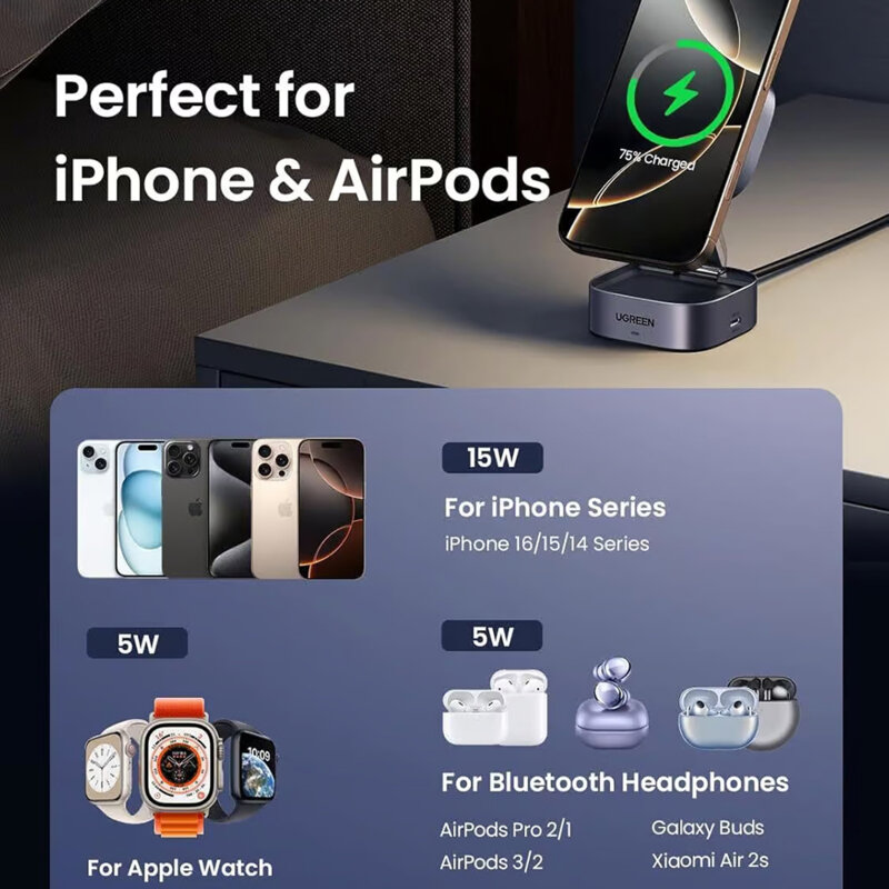 Incarcator wireless MagSafe 2in1 cu cablu Ugreen, 15W, negru, 35316