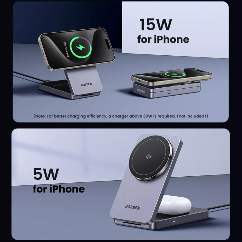 Incarcator wireless magnetic 2in1 Ugreen, USB-C, 20W, alb, 45057