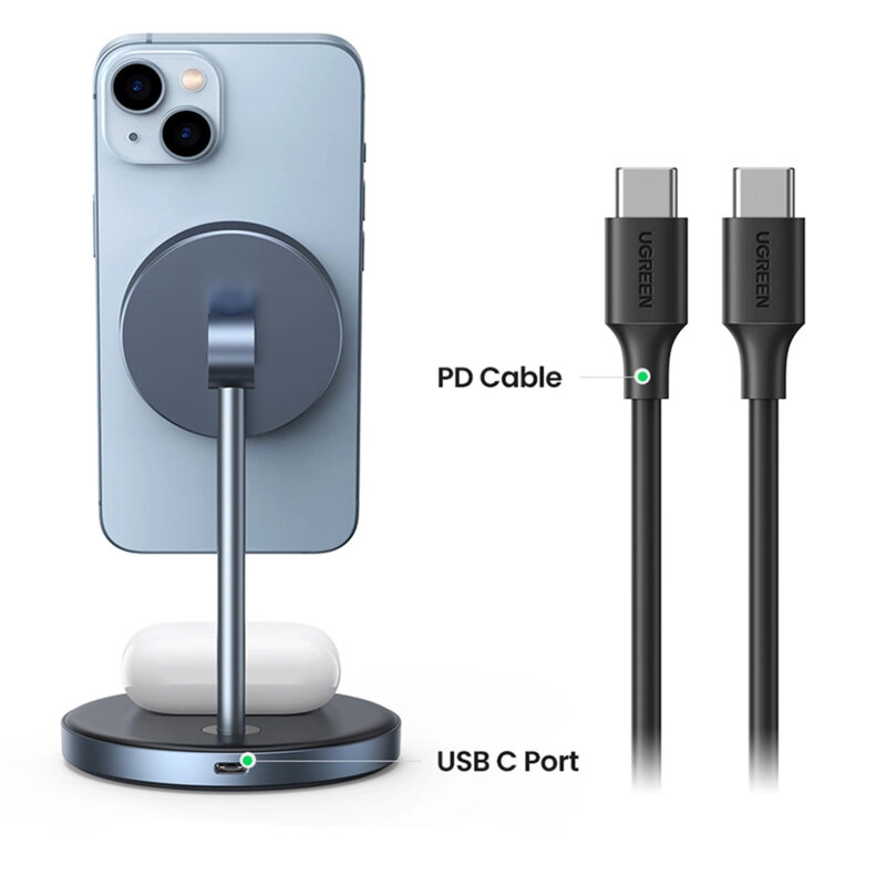 Statie incarcare 2in1 wireless Qi, 20W, Ugreen, magnetic, negru, 90668