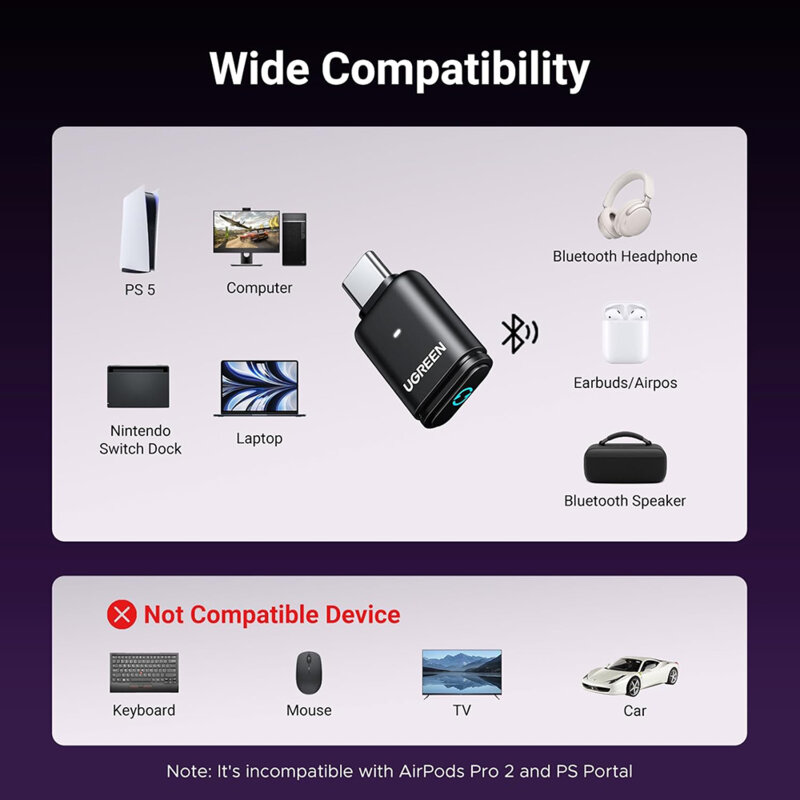 Adaptor USB-C Bluetooth 5.3 UGREEN 45008 — compatibilitate multiplă