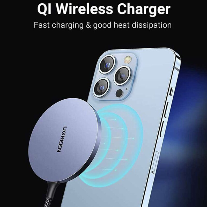 Incarcator wireless pentru telefon Qi 15W Ugreen, gri,  30233