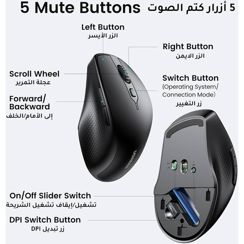 Mouse wireless Bluetooth pentru laptop, PC Ugreen, negru, 90395