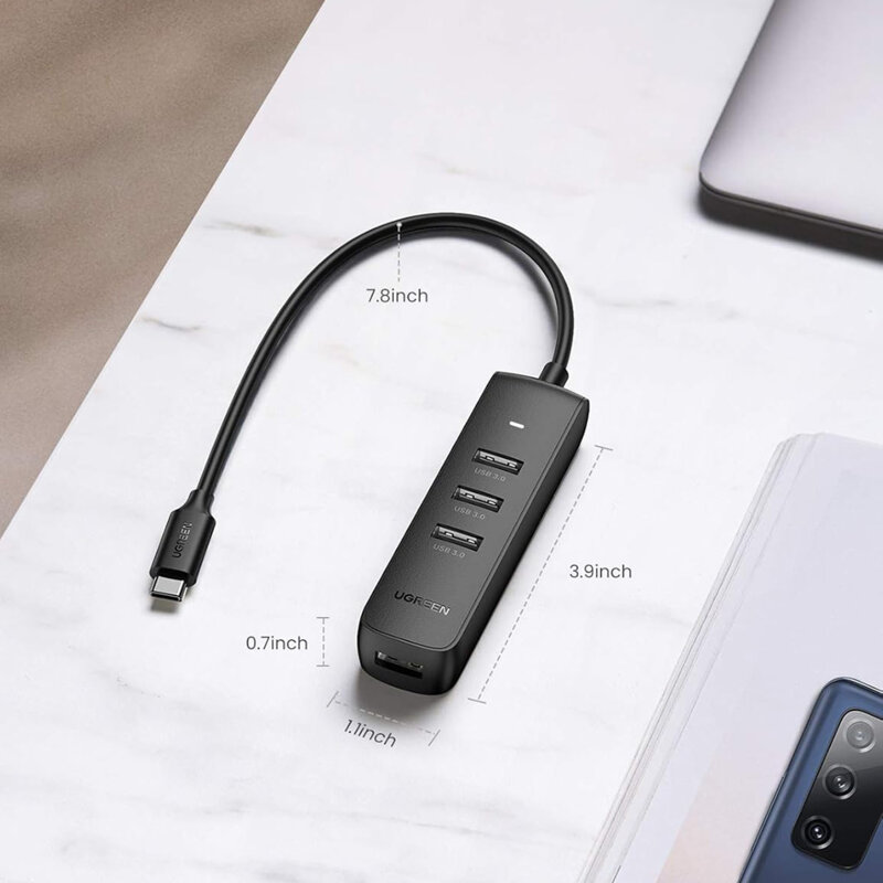 Hub Type-C la 4x USB, 5Gbps Ugreen, 0.25m, negru, 10916