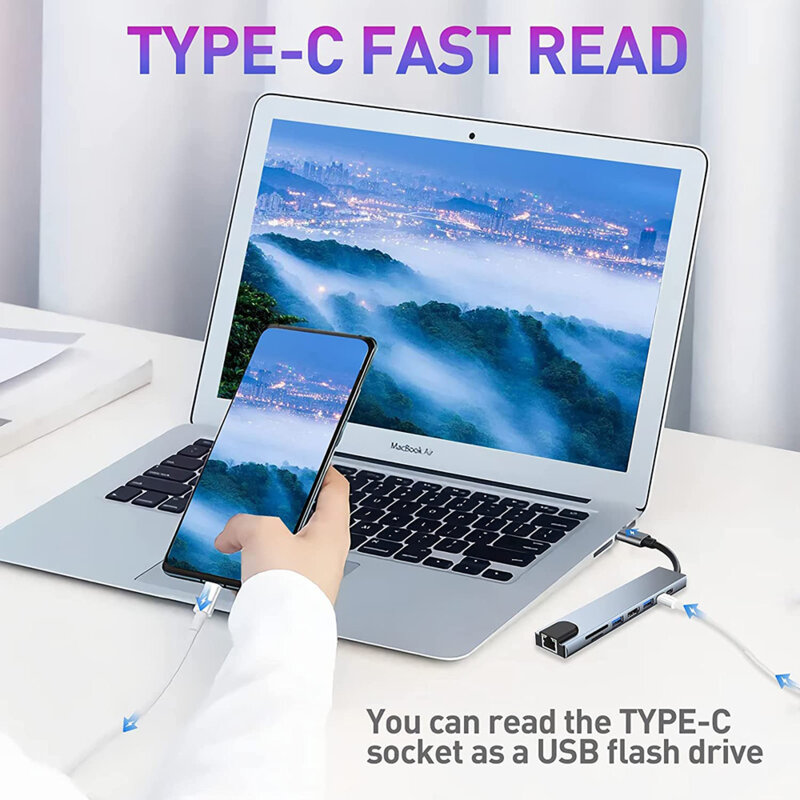 Hub Type-C la 2x Type-C, 2x USB, HDMI, RJ45, TF/SD, PD87W Techsuit H2