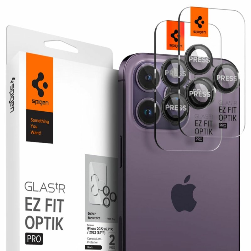 [Pachet 2x] Folie sticla camera iPhone 16 Pro Spigen Glas.tR Optik EZ Fit Pro, negru