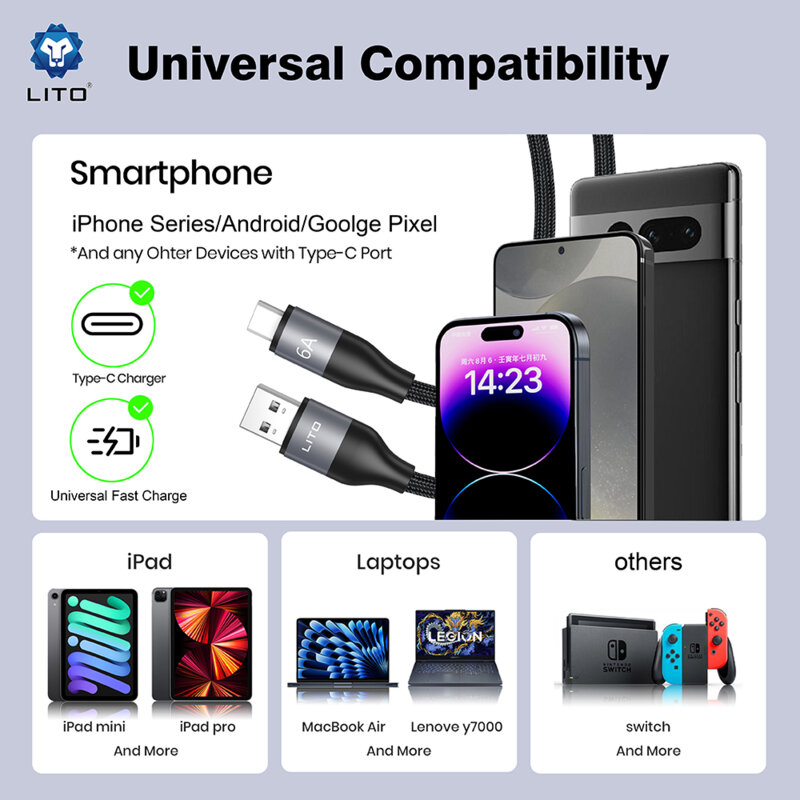 Cablu de date USB la Type-C Fast Charging, 6A Lito LD23T, gri