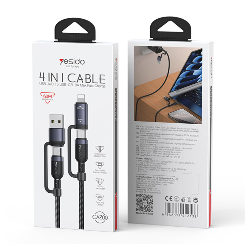 Cablu de date Type-C, Lightning, USB 60W, 1.2m Yesido, CA200